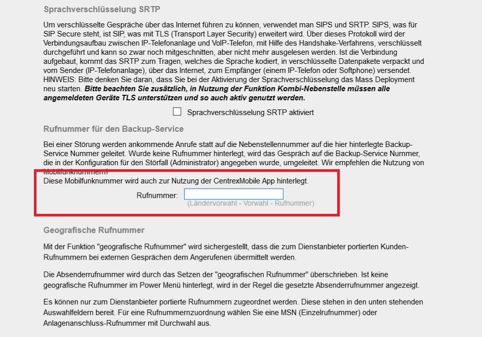 Backup Service OH 01 04 NU 05 Eintrag in Nebenstelle editieren 190430