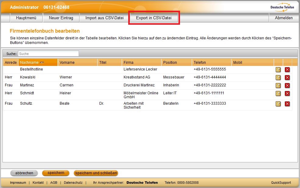 Firmentelefonbuch OH 01 05 AD 13 Export in CSV01 171116