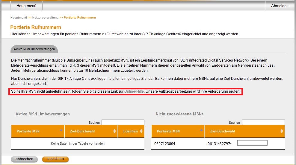 Portierte Rufnummern OH 01 05 Ad 04 MSN fehlt 190509