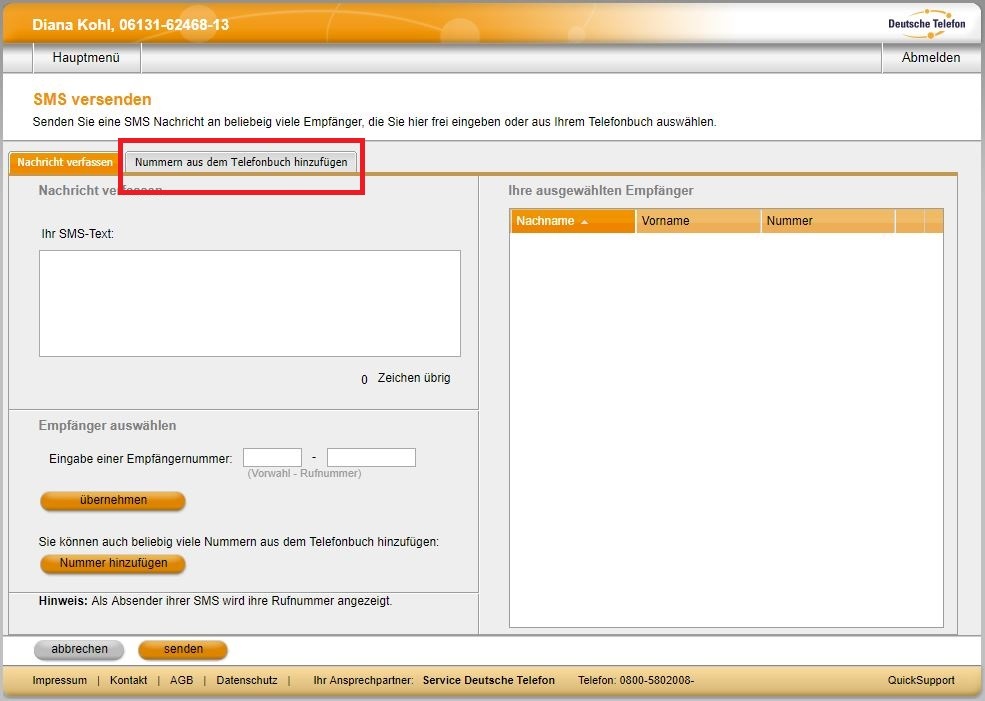 SMS versenden OH 01 05 AD NU 04 Nummer aus Telefonbuch 171216