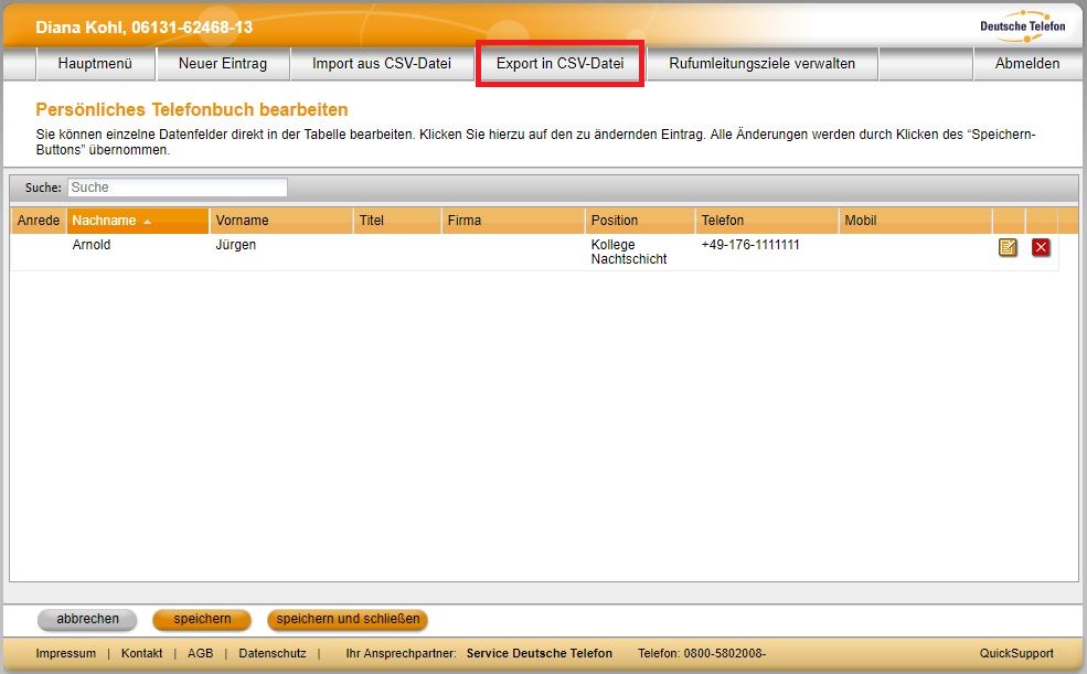 Telefonbuch OH 01 05 NU 15 Export in CSV Datei01 171117